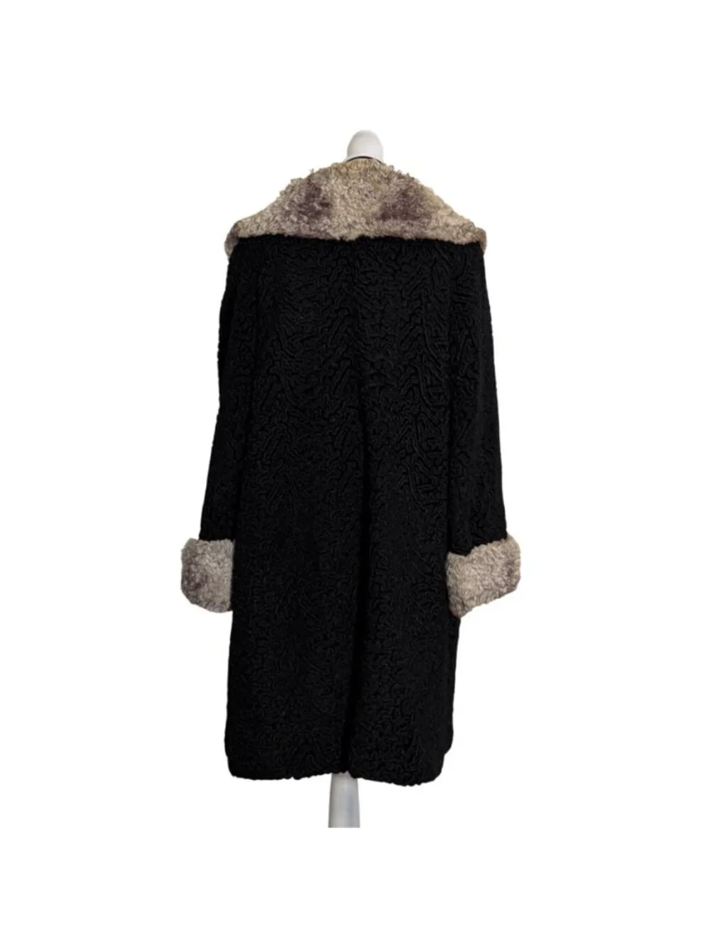 VTG Black Persian Curly Lamb Coat, Curly Fur Collar + Cuffs Mid-Length By Pogues